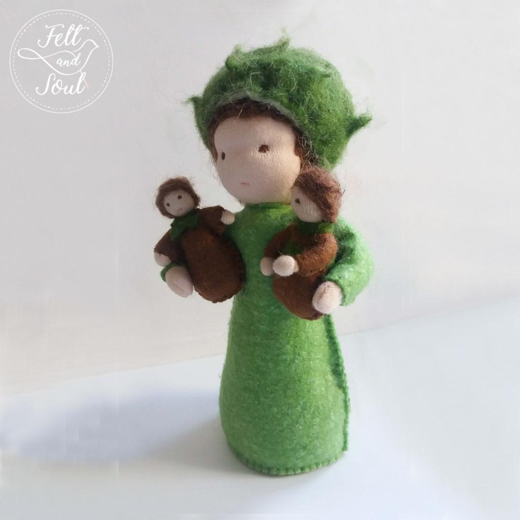 Felt and Soul Gesztenye tündér és baba gyapjúfilc asztali báb