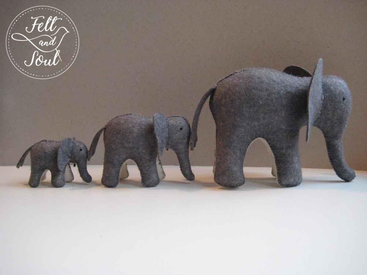 Elefánt anya és kis elefántok gyapjú filc figurák