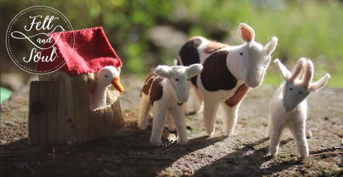 Felt and Soul - a legelő állatai filcfigurák, tehén, boci, kecske, liba és libaól