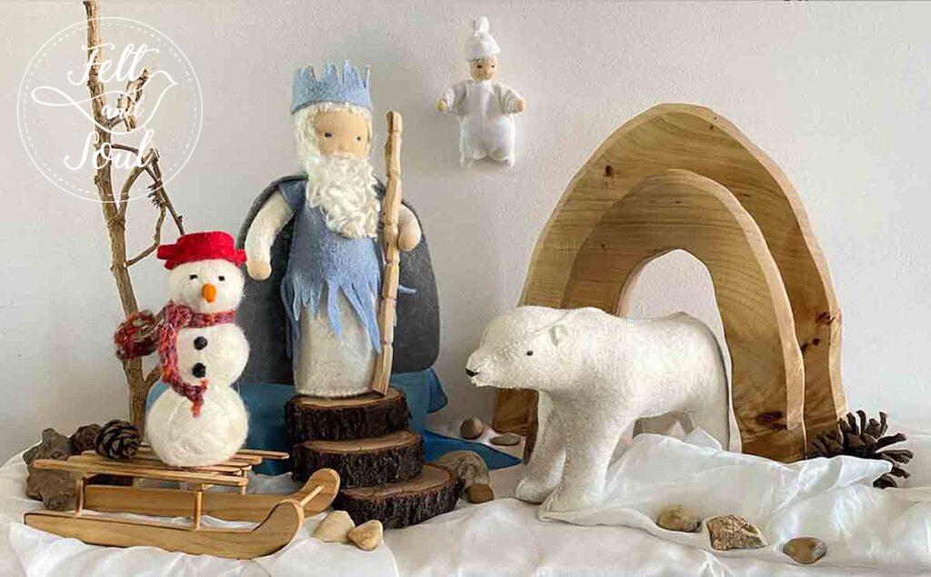 Felt and Soul gyapjúfilc télkirály, jegesmedve, hóember hópihe - januári évszakasztal