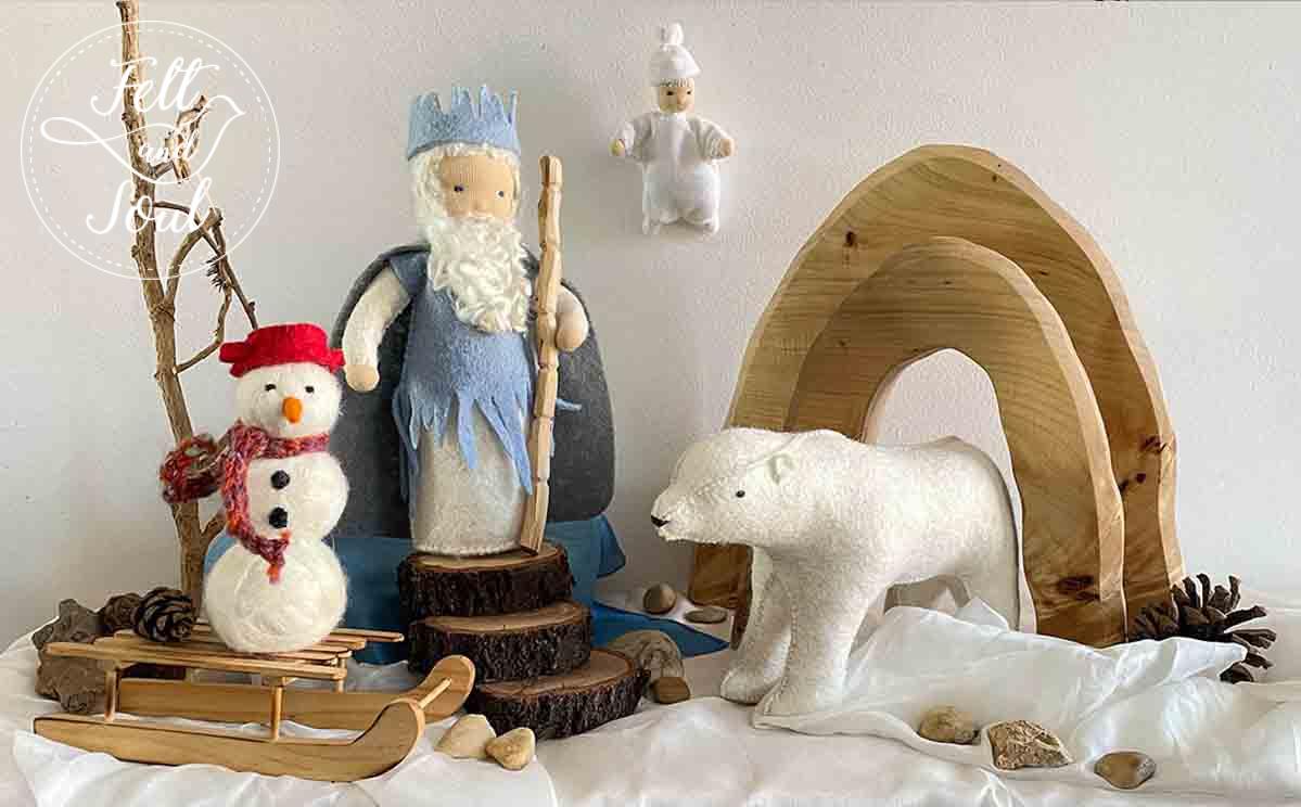 Felt and Soul gyapjúfilc télkirály, jegesmedve, hóember hópihe - januári évszakasztal