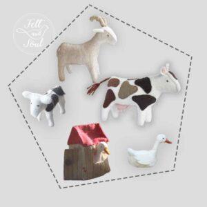 Felt and Soul - a legelő állatai filcfigura szabásminták: tehén, boci, kecske, liba és libaól