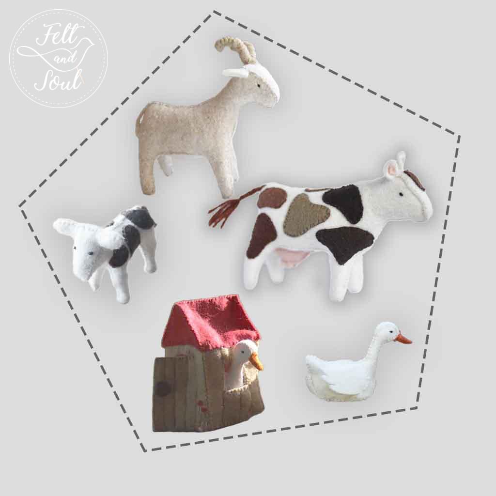 Felt and Soul - a legelő állatai filcfigura szabásminták: tehén, boci, kecske, liba és libaól
