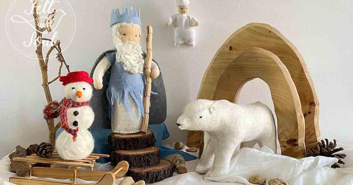 januari evszakasztal blog Felt and Soul gyapjúfilc télkirály, jegesmedve, hóember hópihe - januári évszakasztal